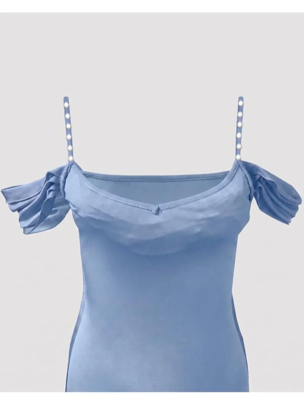 👗Women's Misty Blue Off Shoulder Design Cocktail Pearl Strap Bodycon Midi Dress